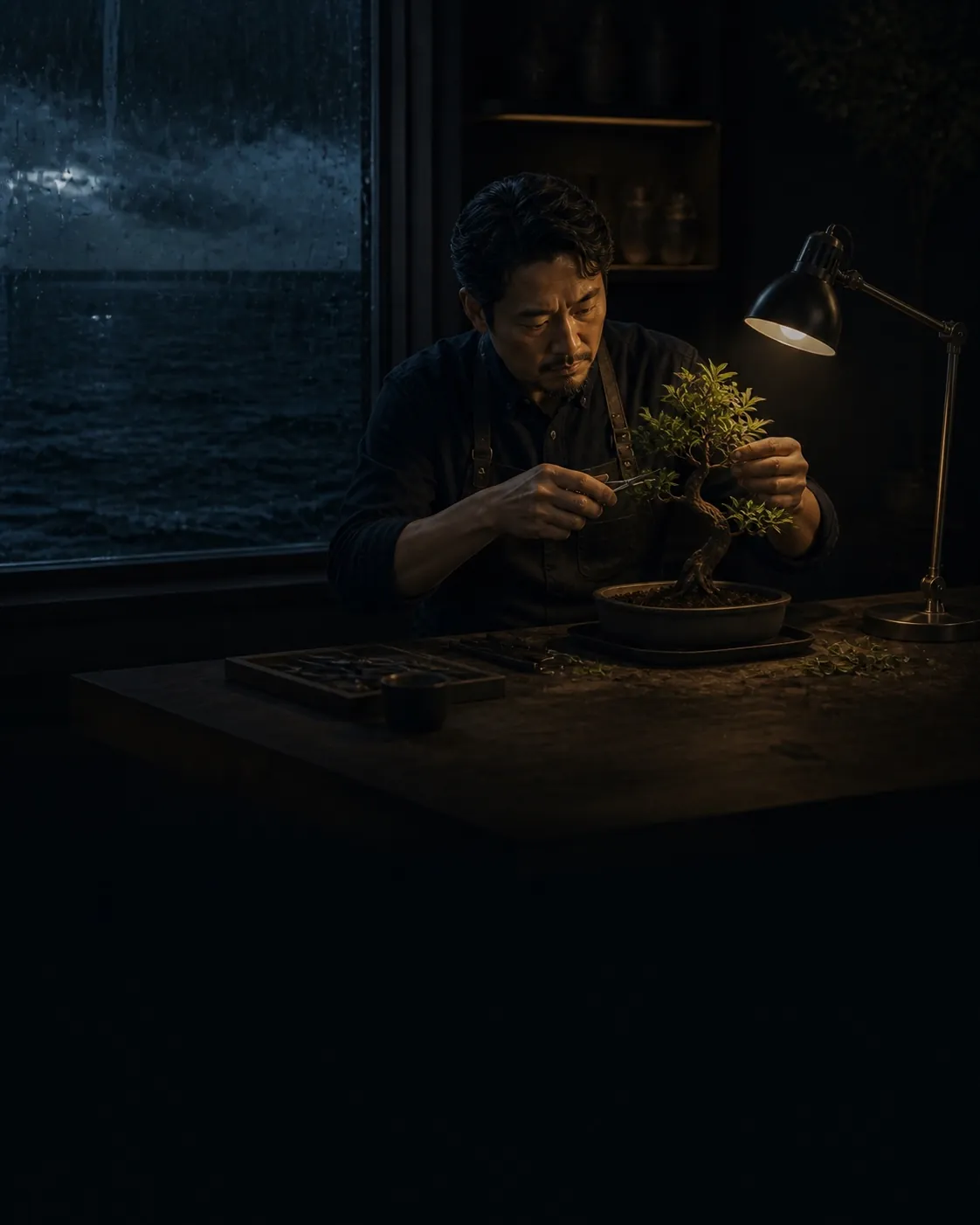 室內的人專注修剪盆栽，不受窗外風雨影響