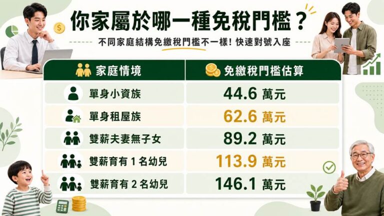 2026 免繳稅門檻總表：單身 44.6 萬、雙薪 89.2 萬、四口 146.1 萬