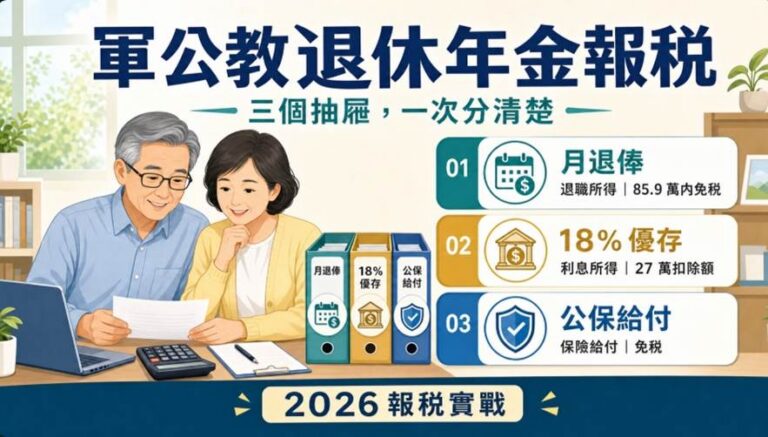 2026 軍公教退休年金課稅實戰：月退俸、18% 優存、公保給付一次報對