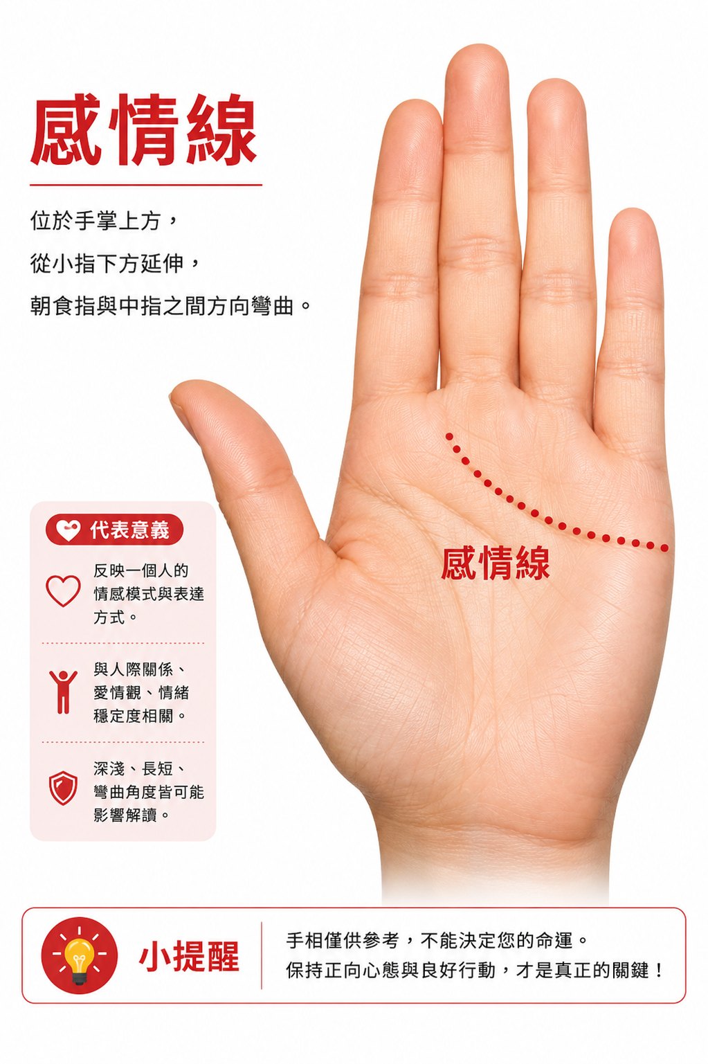 感情線—即天紋或父紋
從小指下掌邊起向食指方向走,以走入食指與中指縫為中庸。
若一直前進至食指下,屬於心靈之域,較注重精神的愛;進入中指下面,屬肉體之愛,並不注重海誓山盟。
如果在中指下往下彎,就愛得任性,不擇手段。若感情線長而且有分岔往下彎,則是舍一切為情犧牲。