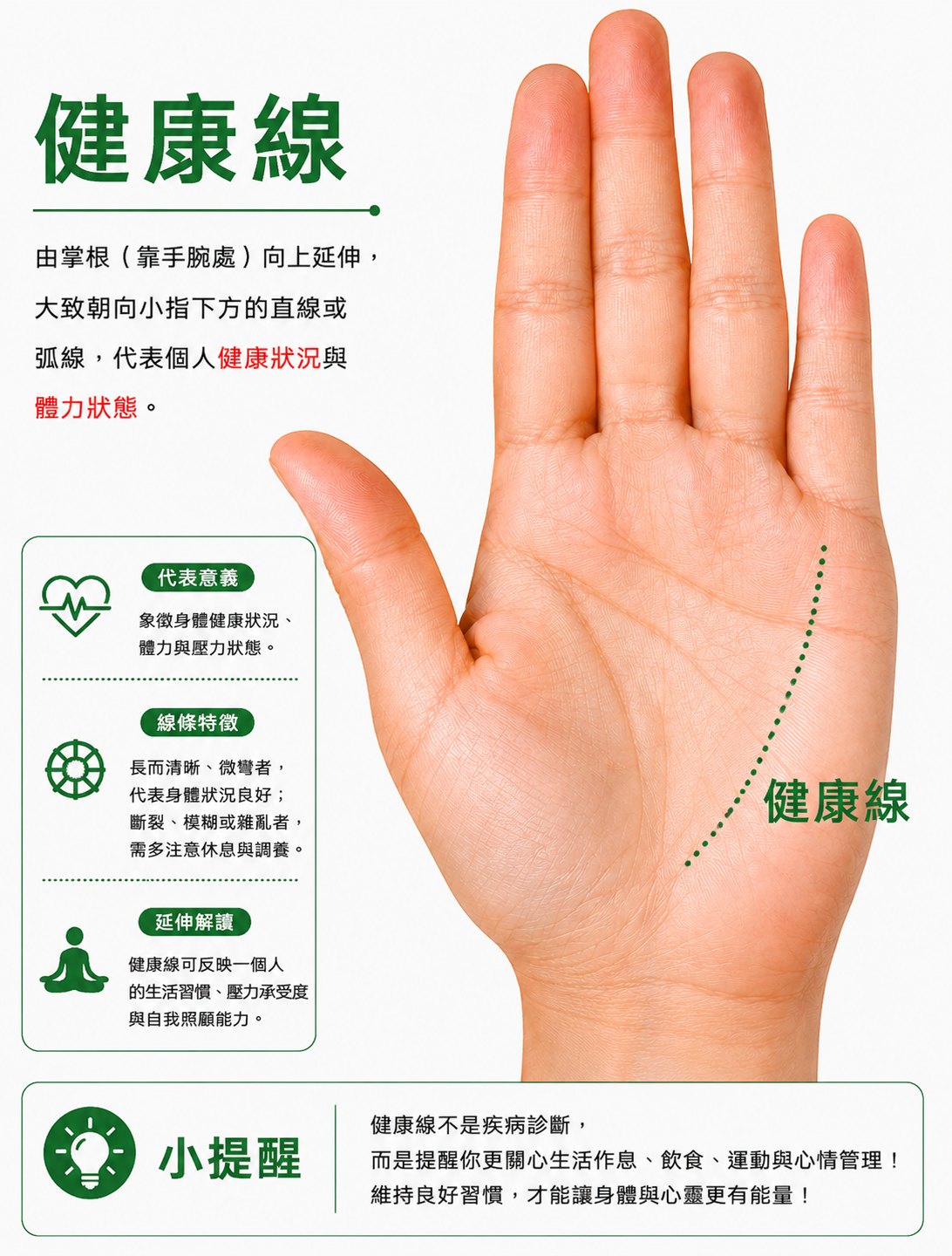 健康線|學到
即一條從至小指下面向生命紋走其實是「不健康紋」。
因為沒有健康紋的才健康健康紋如果斷斷續續,表示腸胃消化不良;如果有鏈狀,是呼吸系統的毛病。
若有島紋,在紋的頭端是咽喉或頭部毛病,在線尾則是泌尿的問題。
