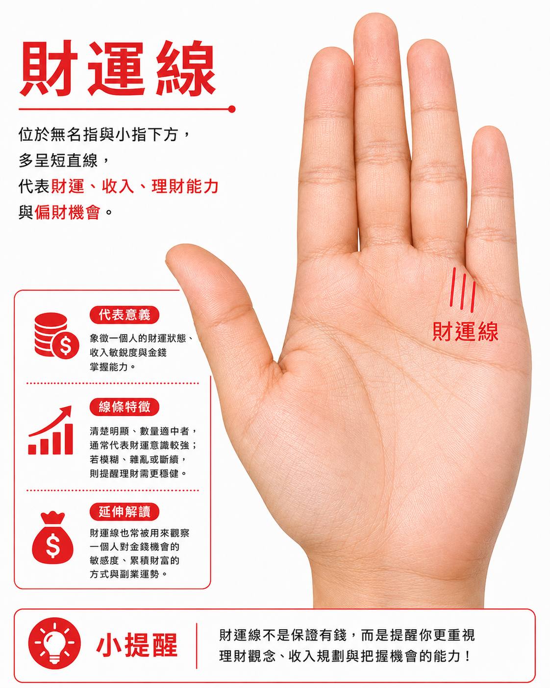 財運線—在無名指和小指下方
手相中的「財運線」(又稱水星線)位於無名指與小指中間下方,掌心隆起的「水星丘」處。
這條線象徵個人的商業直覺、理財能力與進財潛力。
其具體意義會根據線條的外觀與位置有所不同: