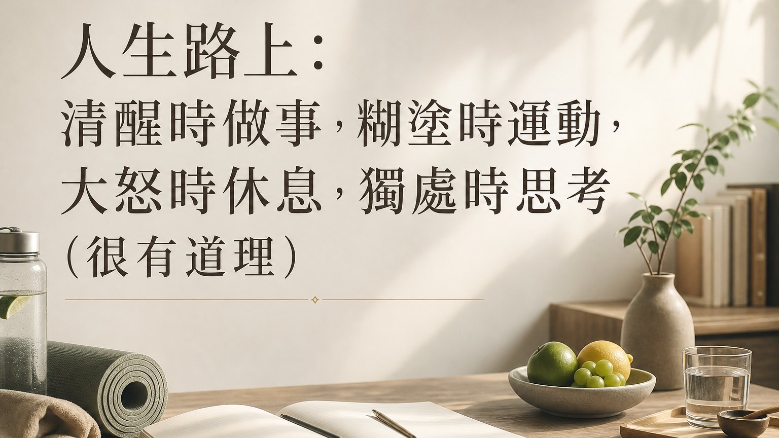 人生路上：清醒時做事，糊塗時運動，大怒時休息，獨處時思考（很有道理）