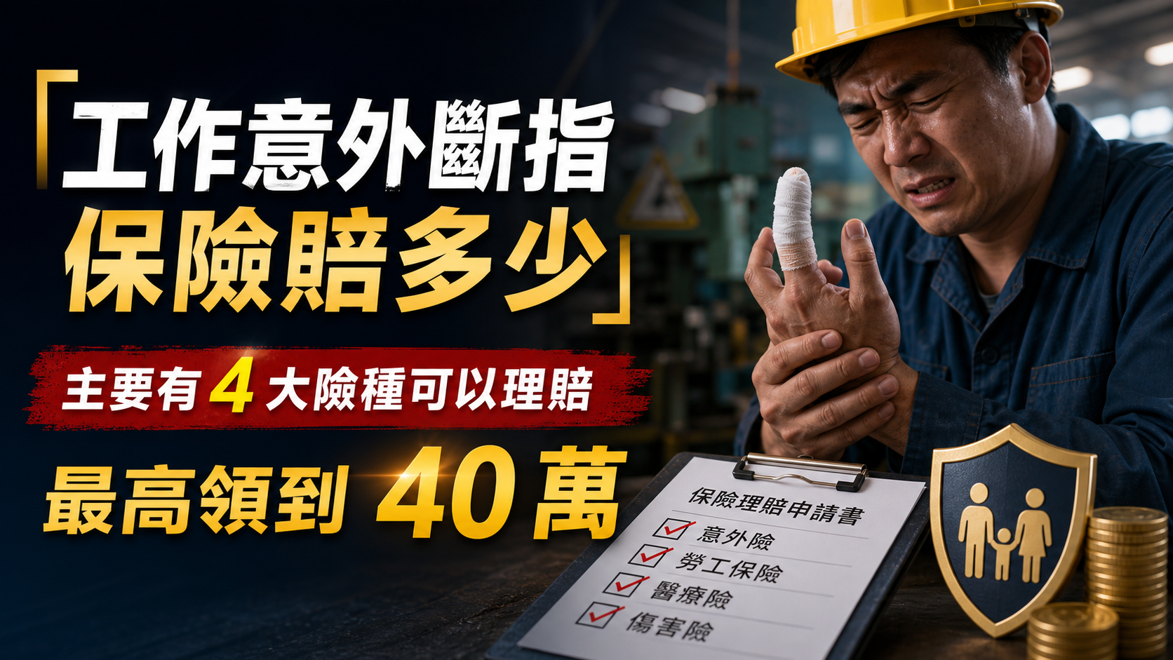 【工作意外斷指，保險賠多少 】 專家：主要有 4 大險種可以理賠、最高領到 40 萬