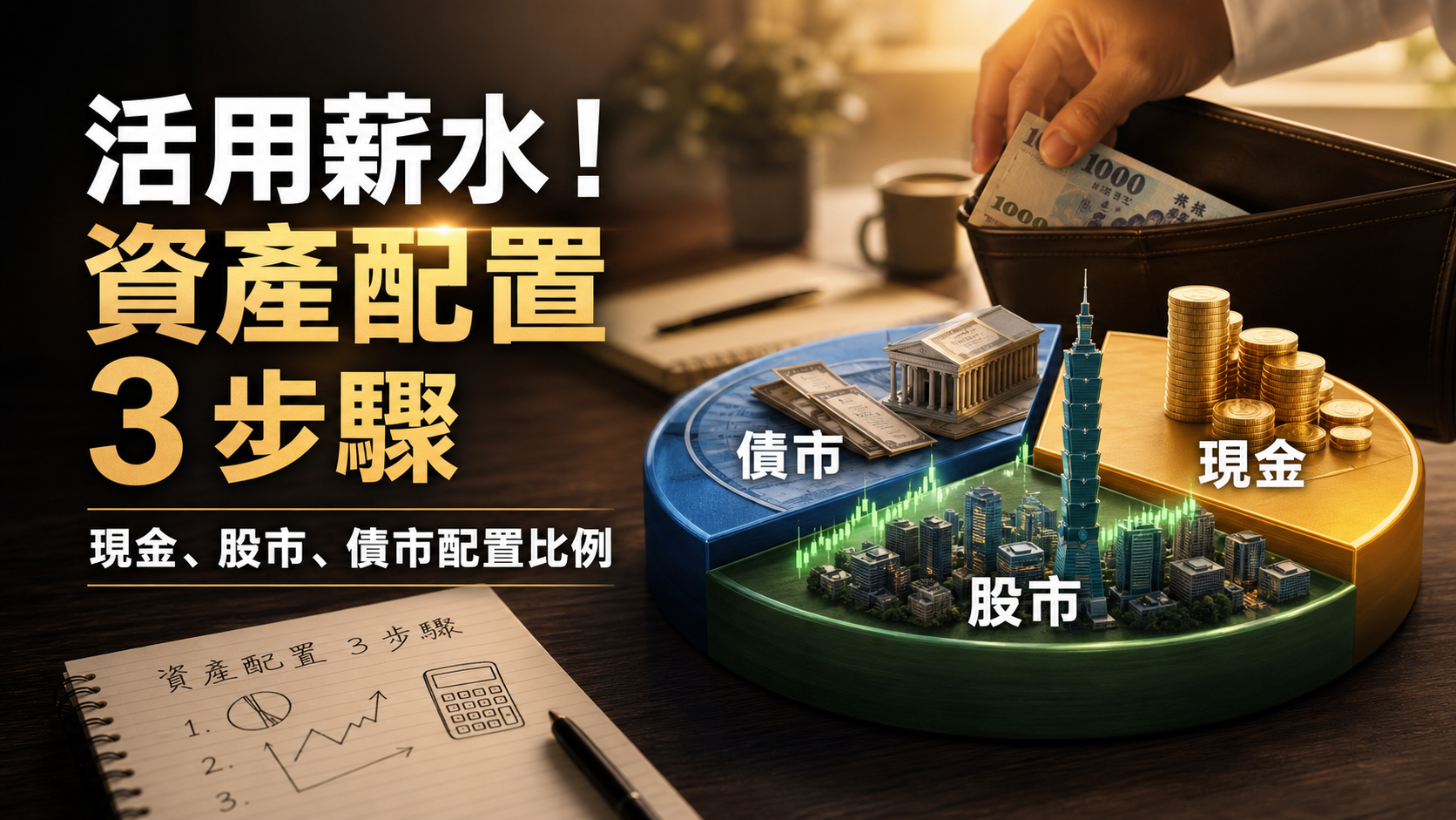 活用薪水！一張圖淺談「資產配置 3 步驟」，超簡單試算現金、股市、債市配置比例。