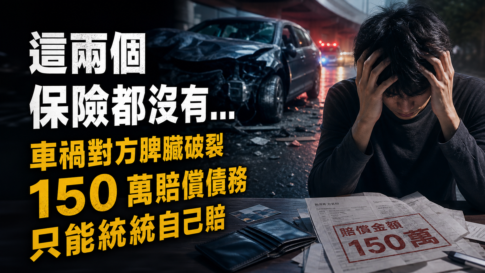 26 歲的他「這兩個」保險都沒有…車禍對方脾臟破裂 150 萬賠償債務，只能統統自己賠