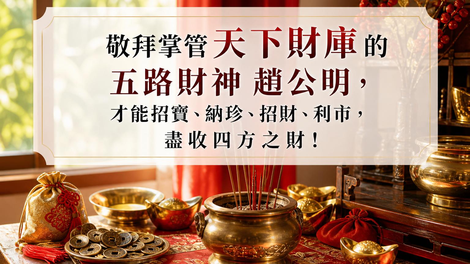 敬拜掌管 天下財庫 的五路財神 趙公明，才能招寶、納珍、招財、利市，盡收四方之財！
