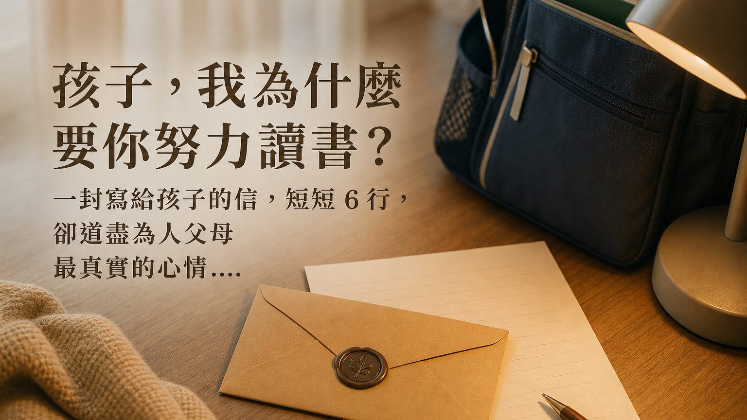 「孩子，我為什麼要你努力讀書？」一封寫給孩子的信，短短 6行，卻道盡為人父母 最真實的心情…