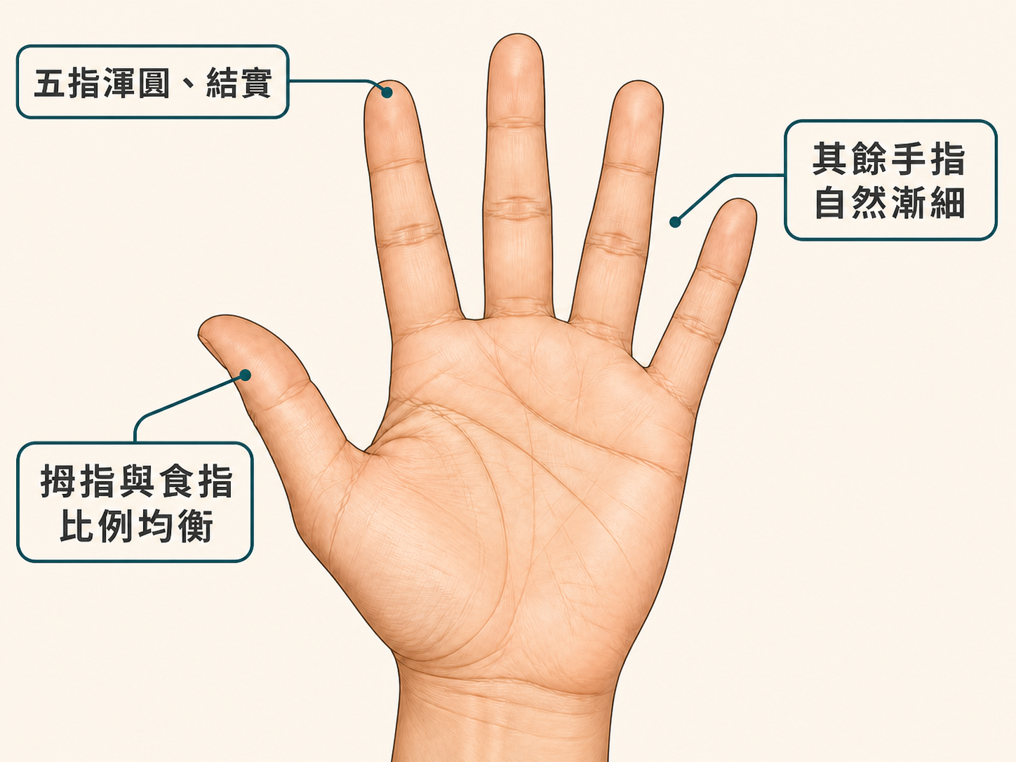 五指渾圓結實與手指比例示意圖