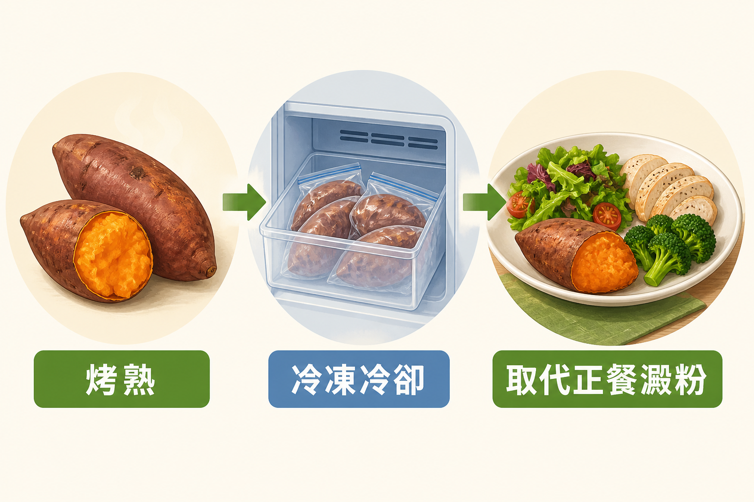 冰地瓜製作步驟：烤熟、冷凍冷卻、取代正餐澱粉
