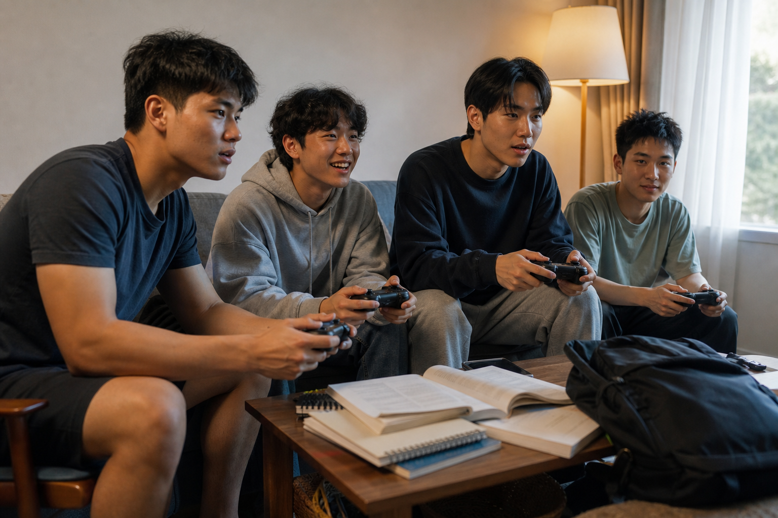 四名青少年朋友一起玩主機遊戲，桌上課本與書包尚未使用