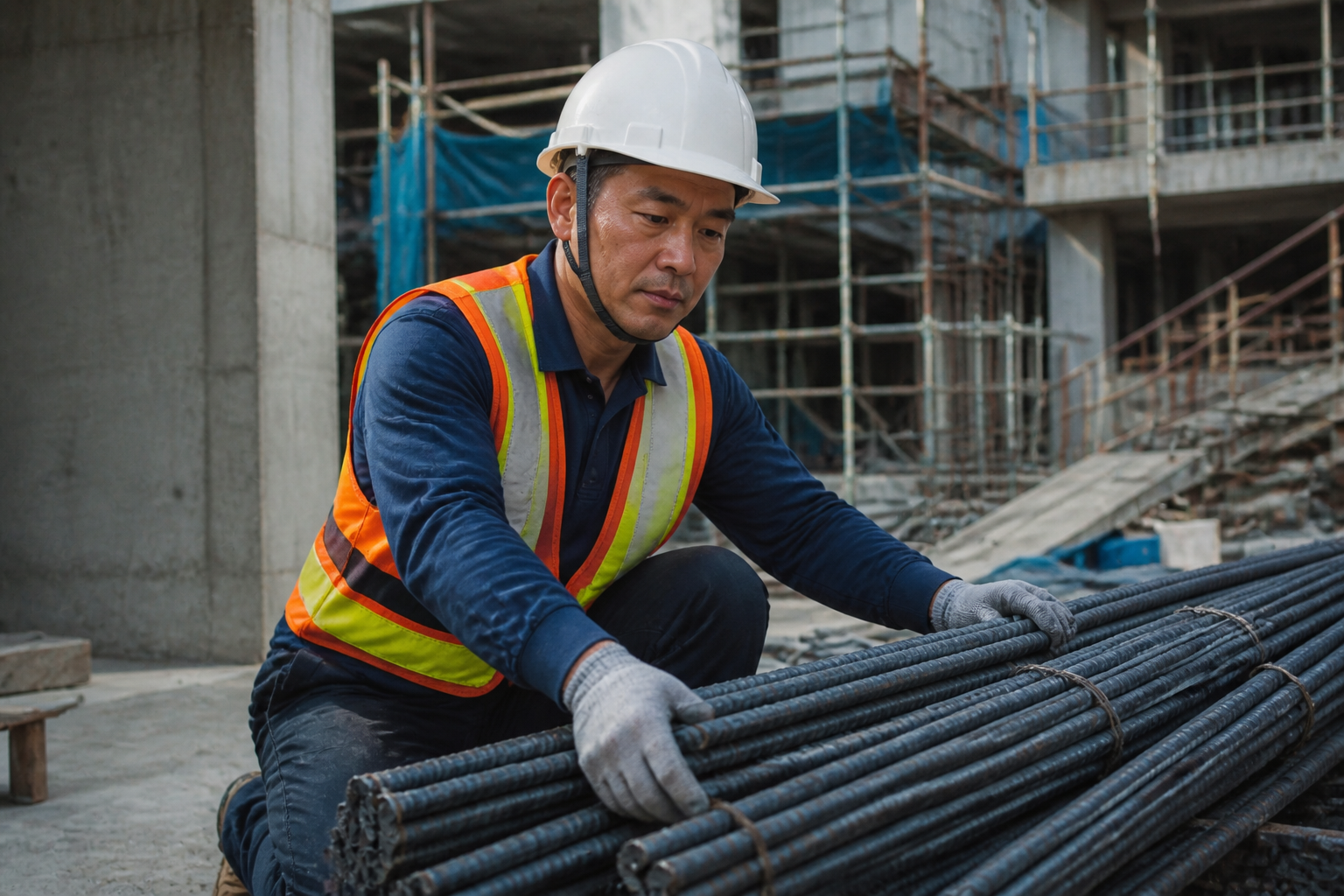 中年父親穿戴安全裝備在工地整理建材