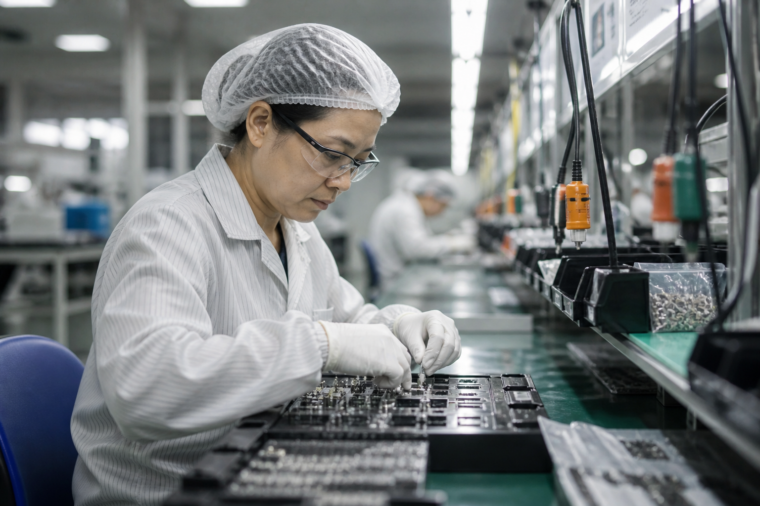 中年母親穿戴防護裝備在工廠組裝零件
