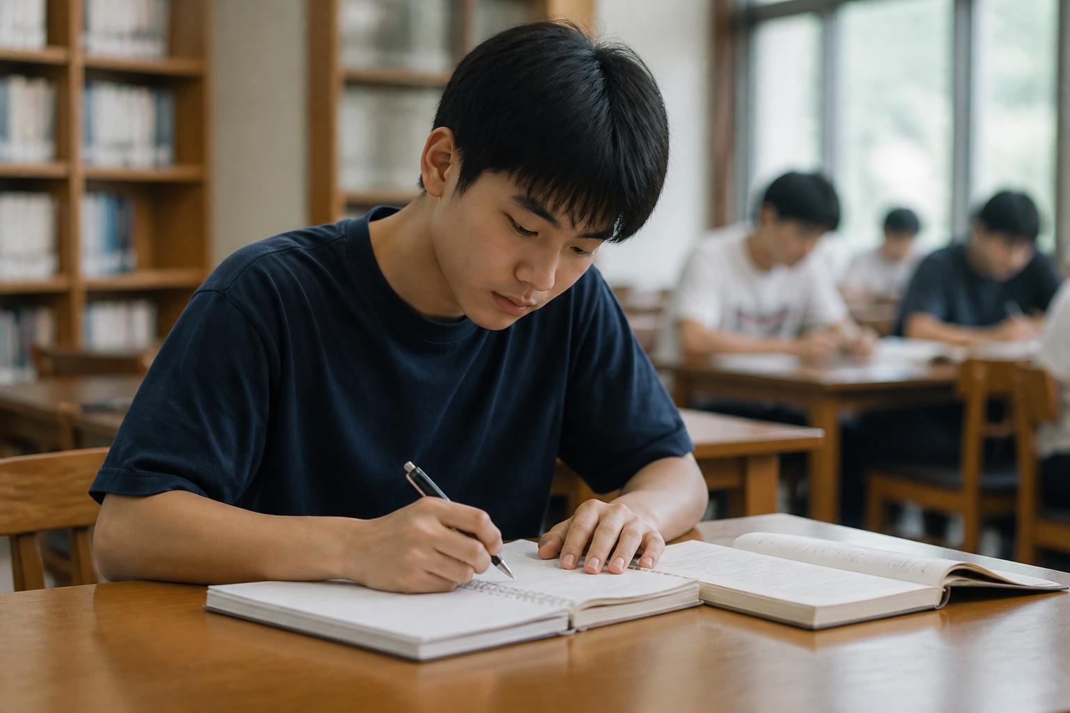 學生在圖書館專注閱讀並整理筆記