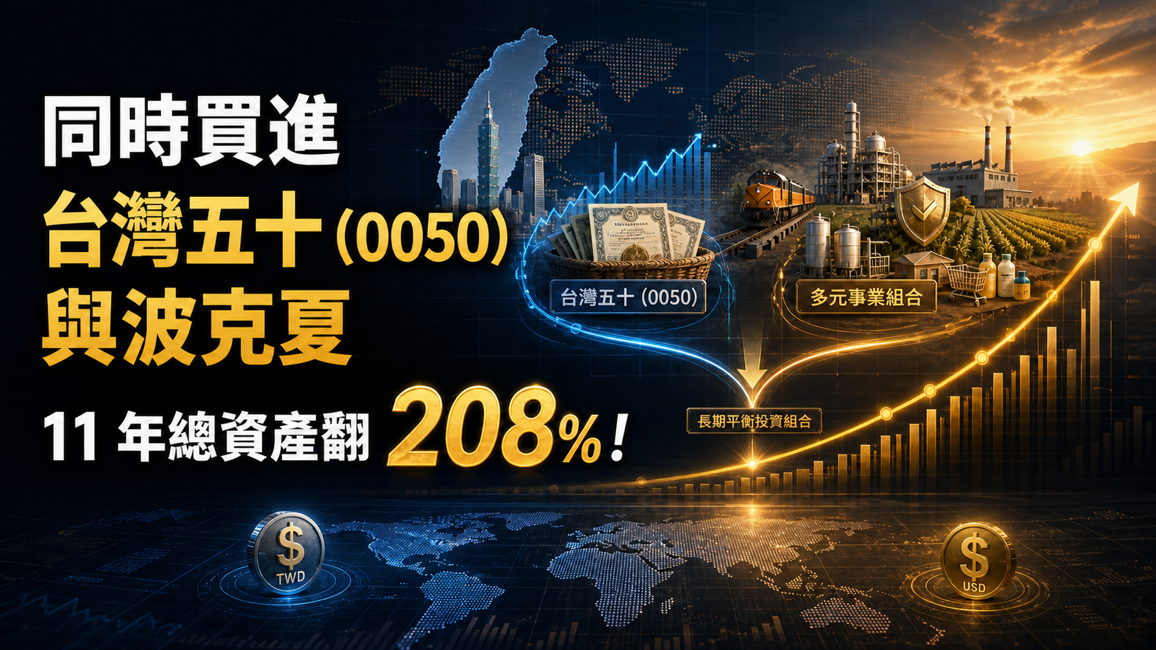同時買進台灣五十(0050) & 巴菲特的波克夏，歷時 __ 年，總資產翻 208% !