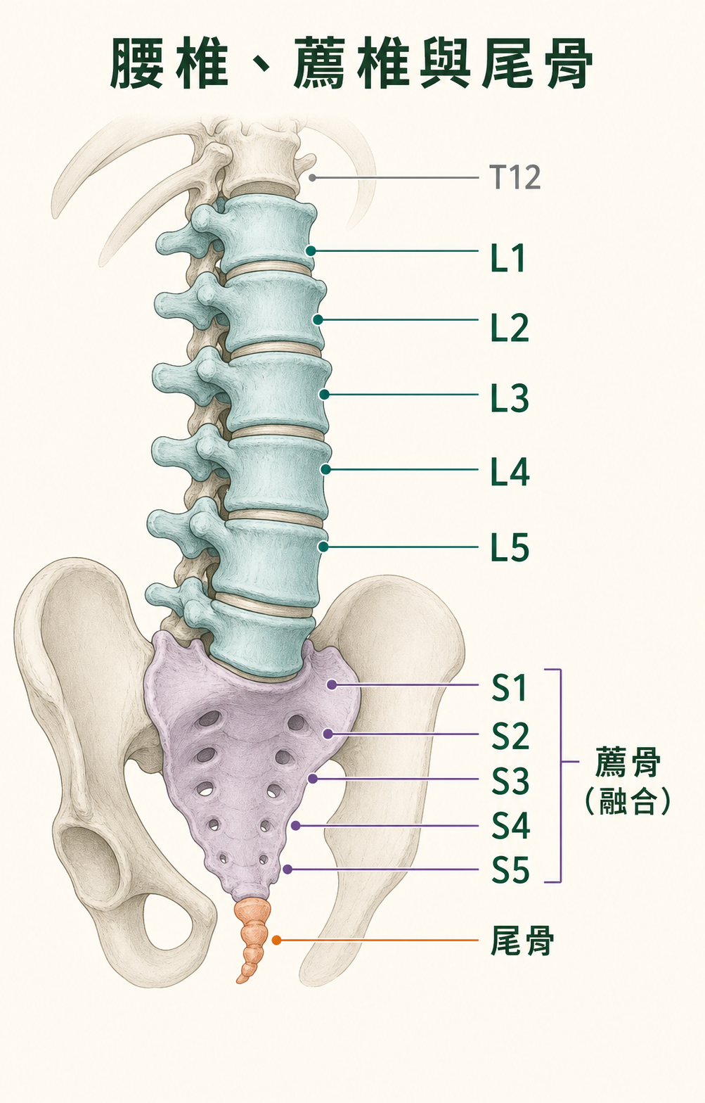 腰椎 L1 至 L5、薦椎 S1 至 S5 與尾骨位置示意圖