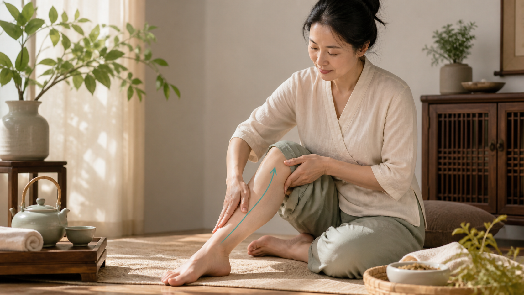 在家中以手輕柔按摩小腿內側的日常保健示意圖