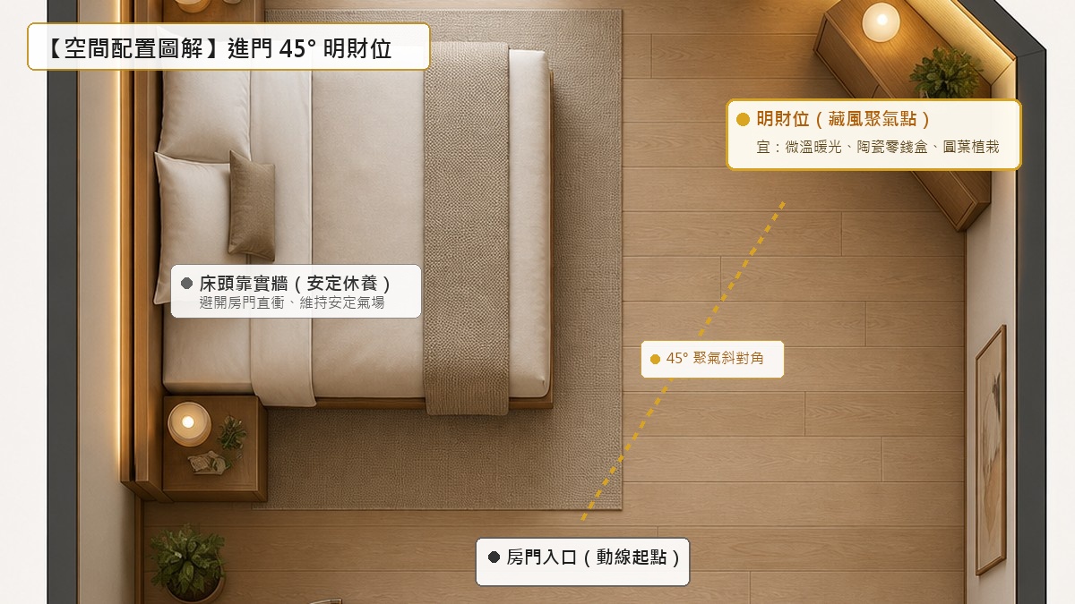 房間進門45度角明財位室內空間配置平面圖解