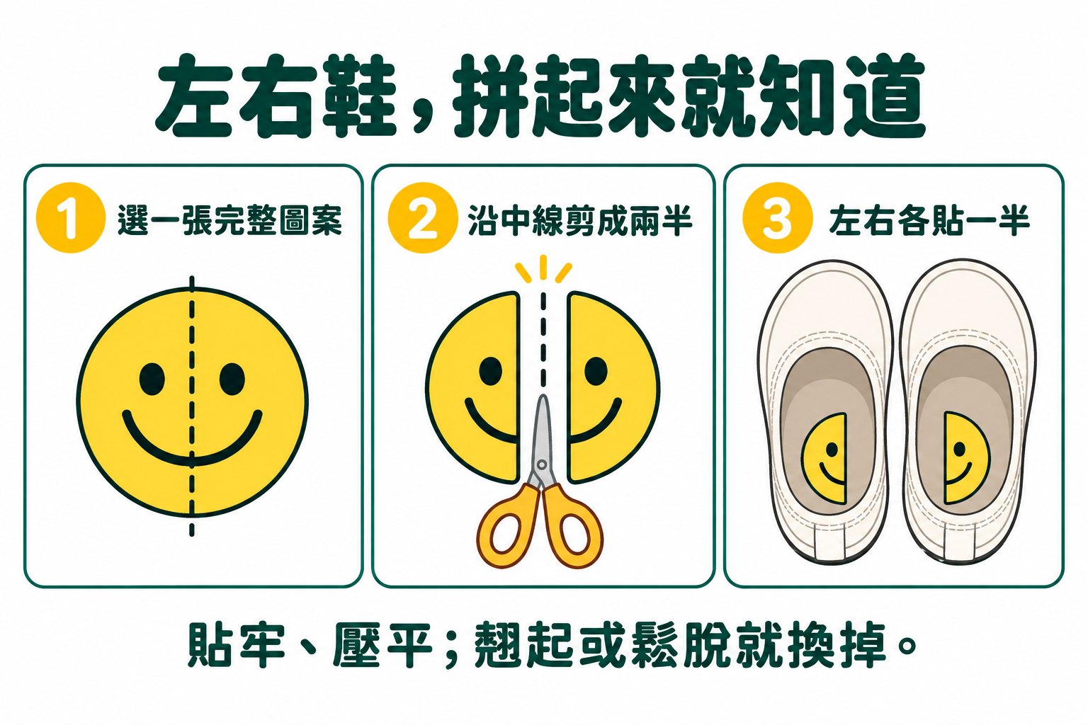 左右鞋辨識製作步驟：選完整圖案，沿中線剪半，分別貼在左右鞋墊後跟，兩鞋並排時拼成完整圖案。