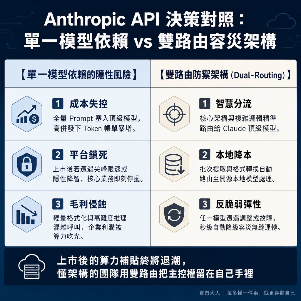 Anthropic API 決策對照：單一模型依賴 vs 雙路由容災架構