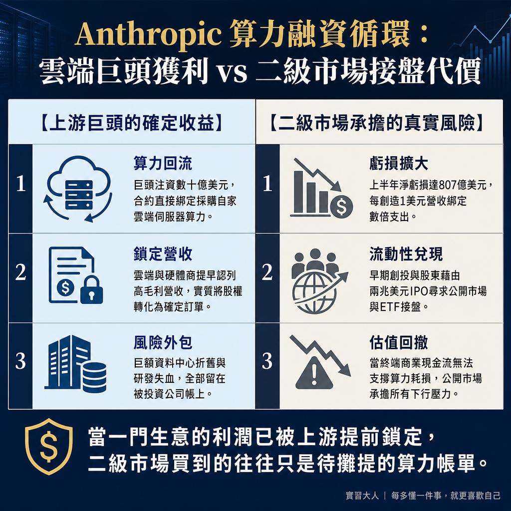 Anthropic 算力融資循環與二級市場接盤代價對照圖