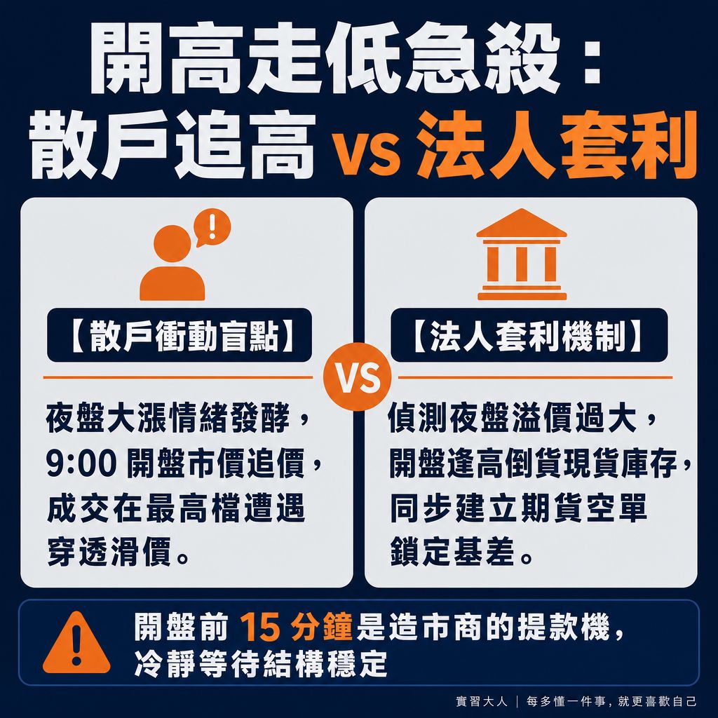 台股開高走低散戶追高與造市商期現貨套利對決圖