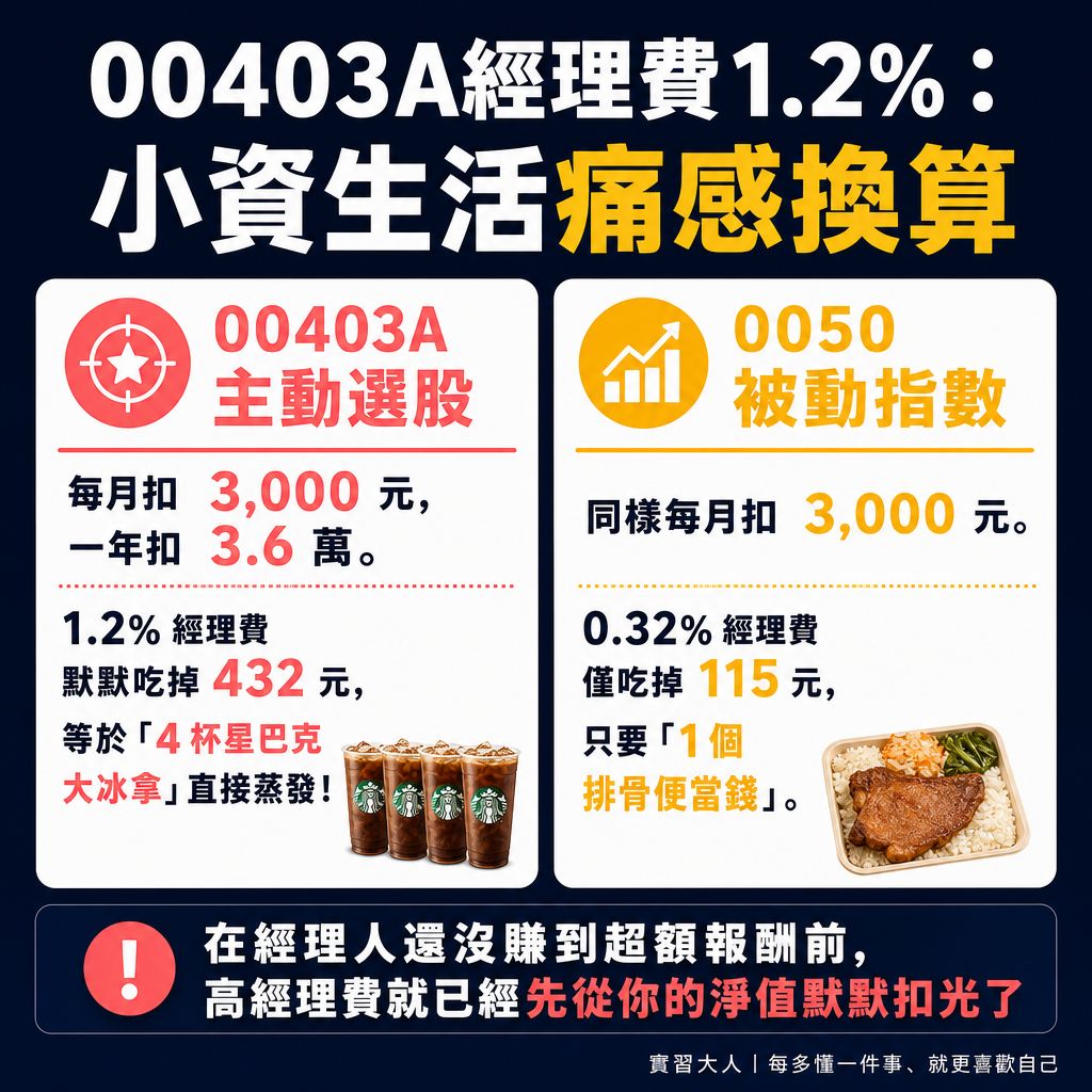00403A經理費1.2%與0050內扣成本對比與生活痛感換算圖