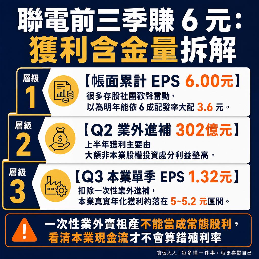 聯電前三季獲利含金量透視：本業單季EPS與第二季業外處分收益階梯拆解圖