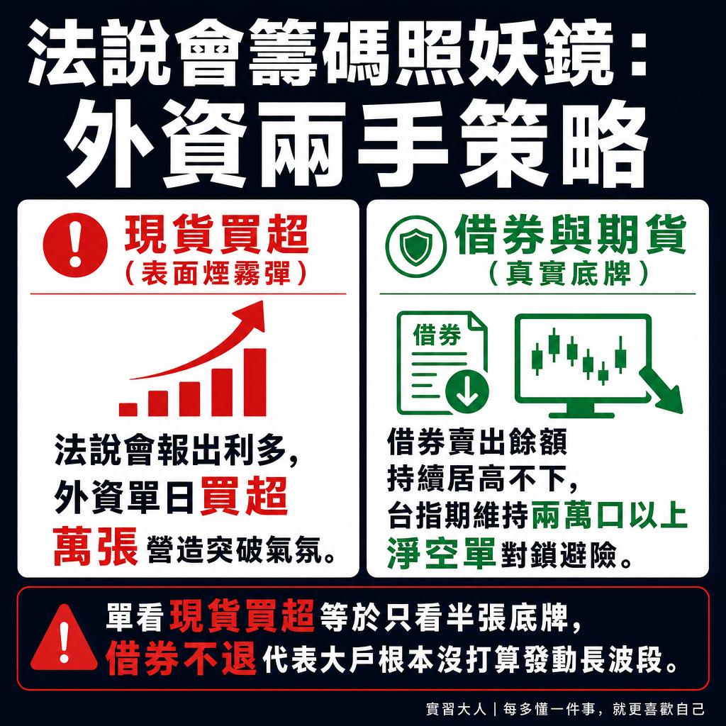 法說會後外資現貨買超與借券賣出台指期空單對鎖背離照妖鏡