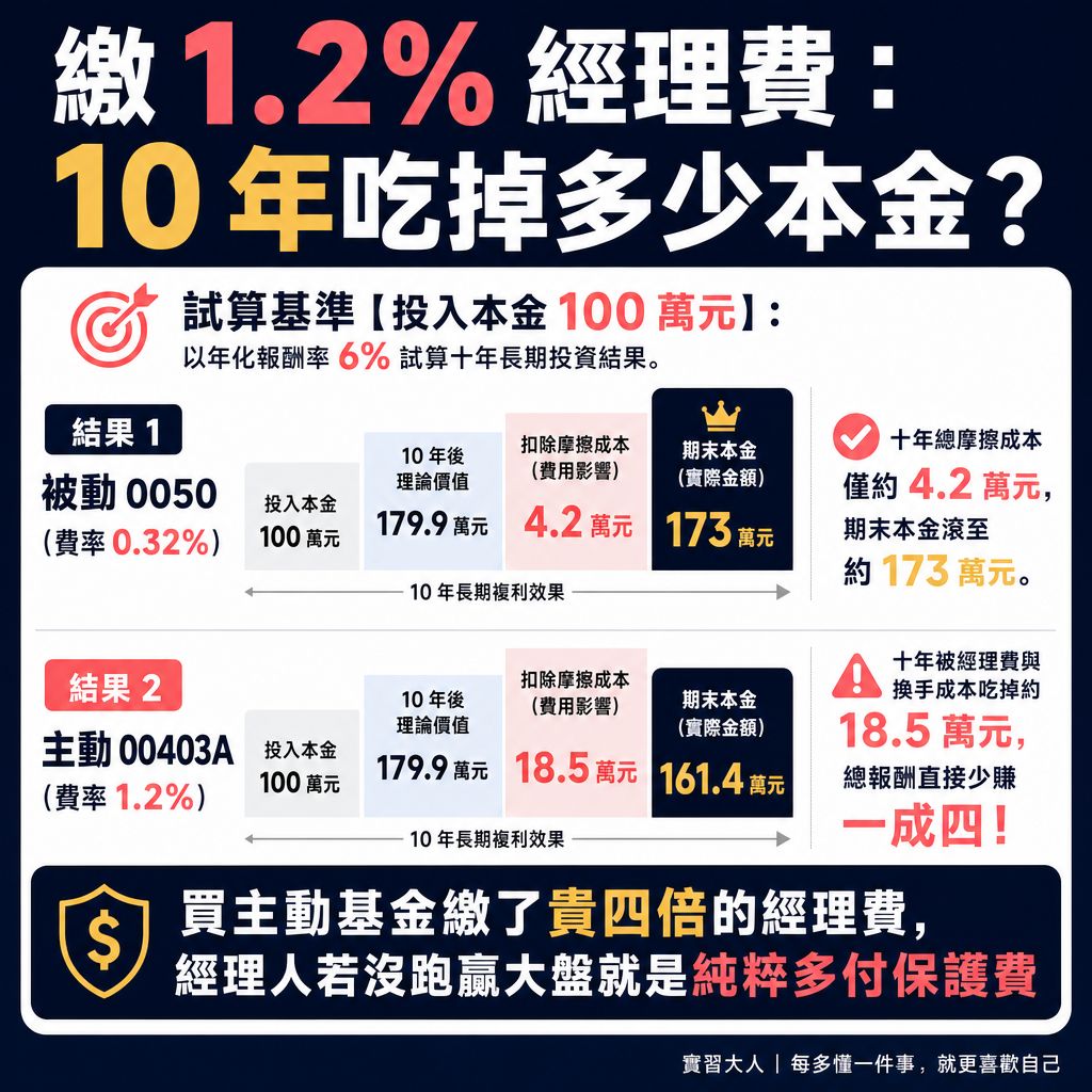 主動式ETF高額經理費對十年本金複利侵蝕對比階梯圖