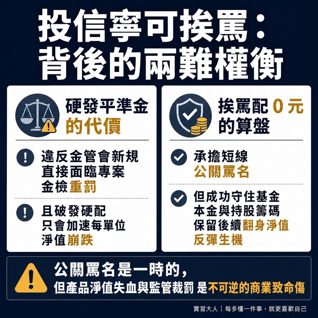 投信寧可挨罵也不違規硬配平準金的商業生存與AUM權衡圖