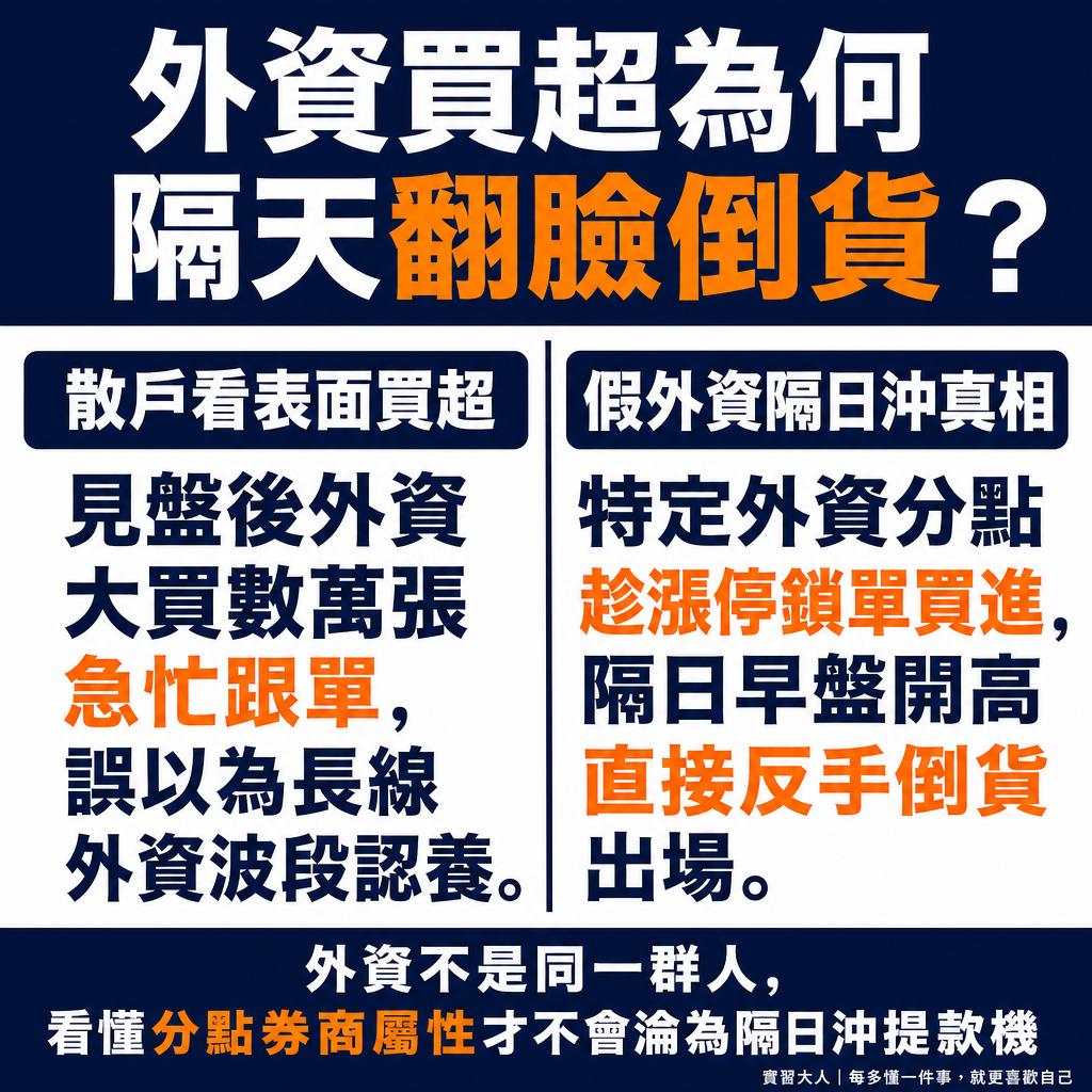 外資買超為何隔天反手倒貨？長線主權基金與假外資隔日沖對照圖