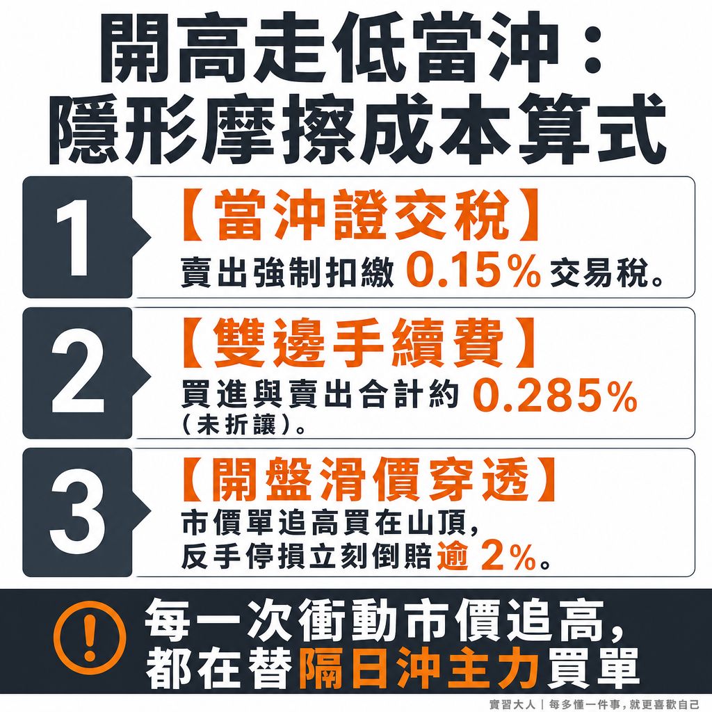 開高走低當沖0.435%摩擦成本與市價單滑價試算圖