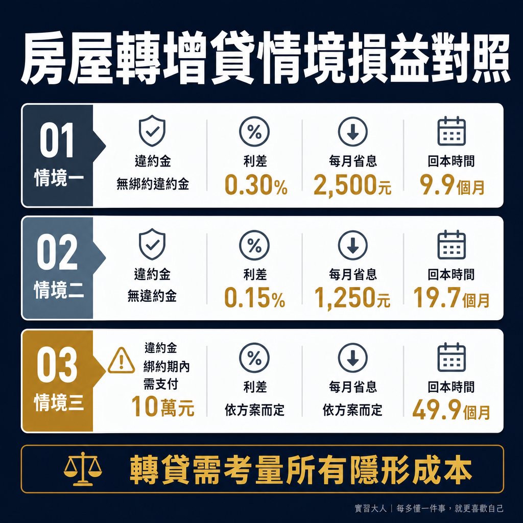 房屋轉增貸的多情境損益對照