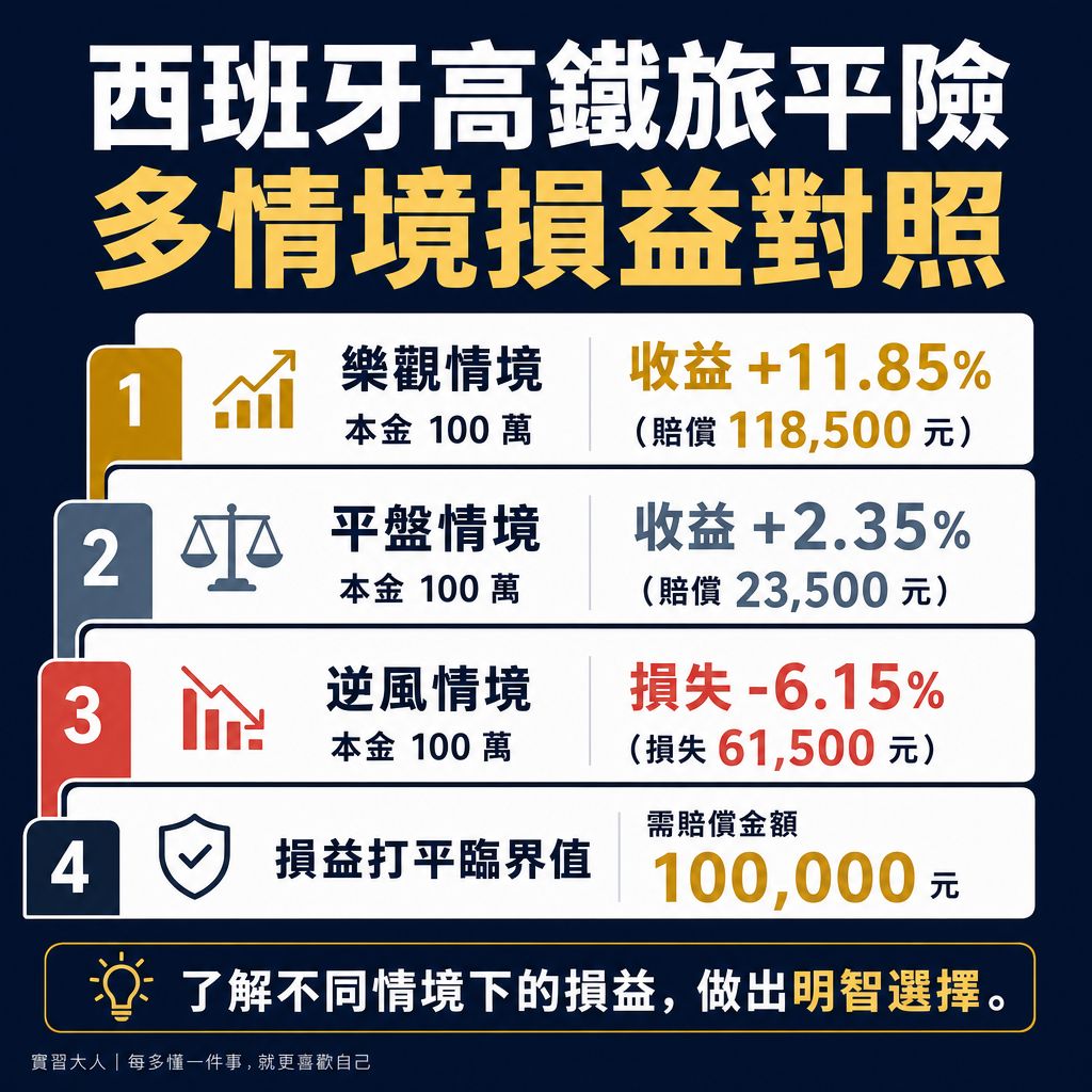 西班牙高鐵旅平險多情境損益對照