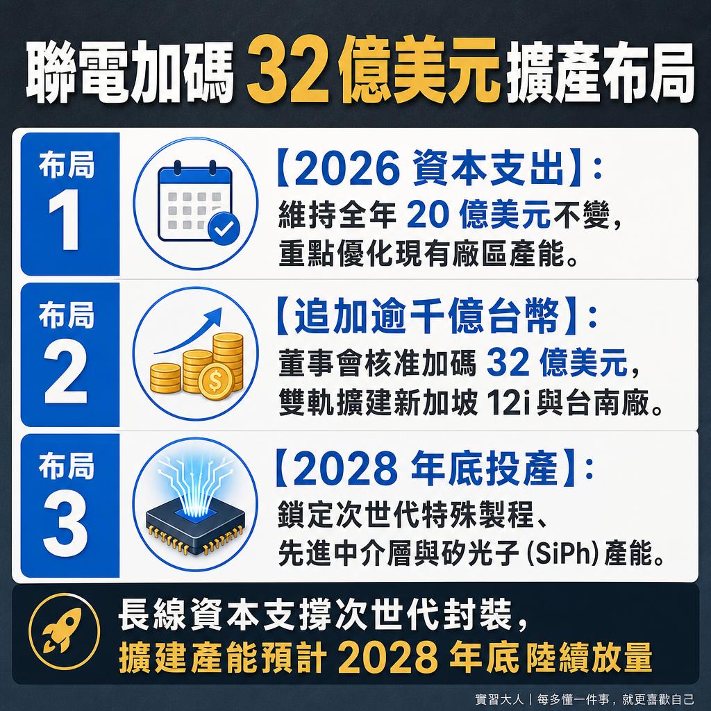 聯電追加32億美元千億資本支出雙軌擴建規劃時程圖