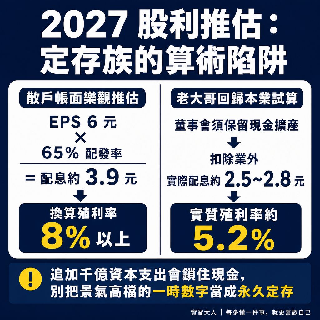 聯電2027年股利推估的定存陷阱：帳面推估與本業還原殖利率對比圖