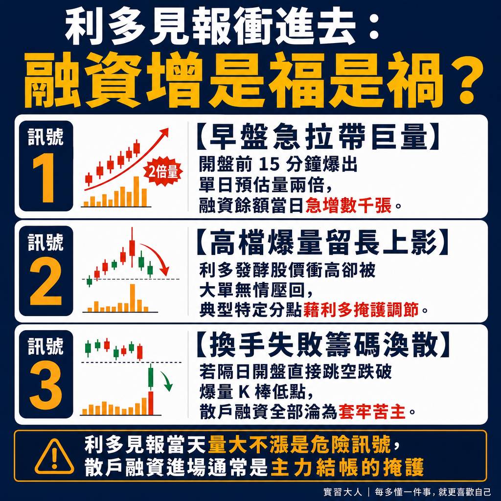 利多見報散戶融資大增與主力掩護結帳的價量分水嶺圖