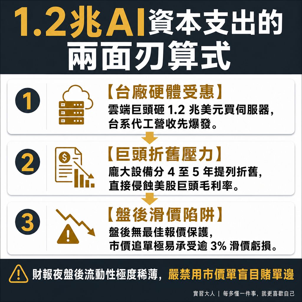 雲端巨頭1.2兆美元AI資本支出與折舊毛利扣減瀑布圖