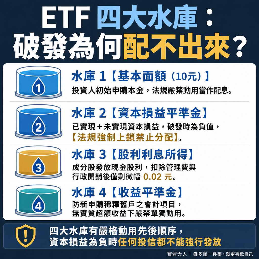 ETF收益平準金四水庫架構與淨值破發限制分配路徑圖