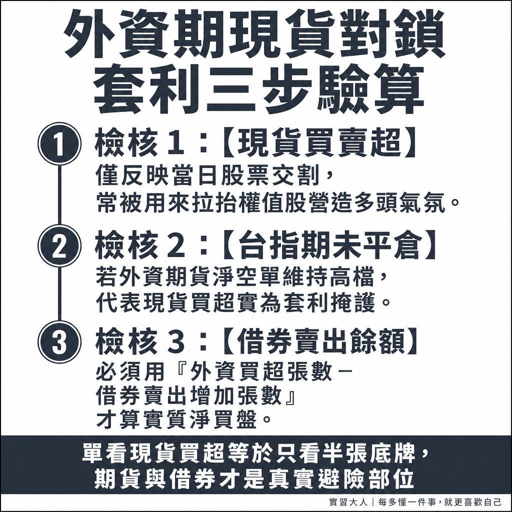 外資現貨買超搭配台指期空單與借券賣出跨市場套利算式圖