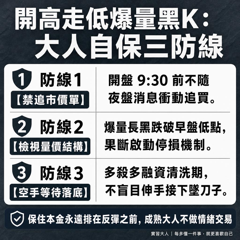 台股開高走低爆量黑K散戶自保指標與停損分流圖
