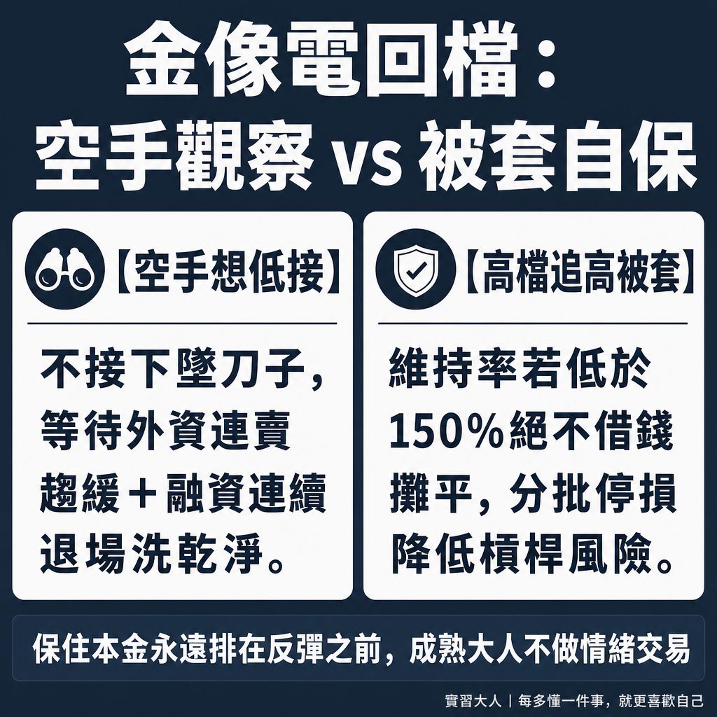 金像電千元高檔震盪空手想接與追高被套自保決策分流圖