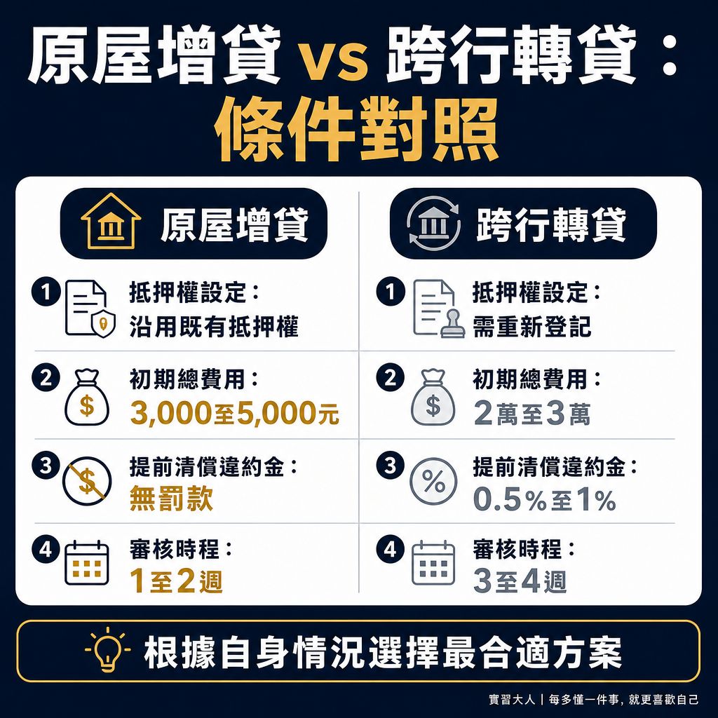 房屋增貸與跨行轉貸的條件對照