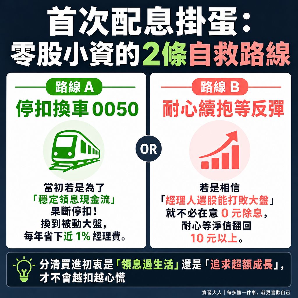 00403A首次評價0元後零股小資族停扣換車與續抱決策行動卡