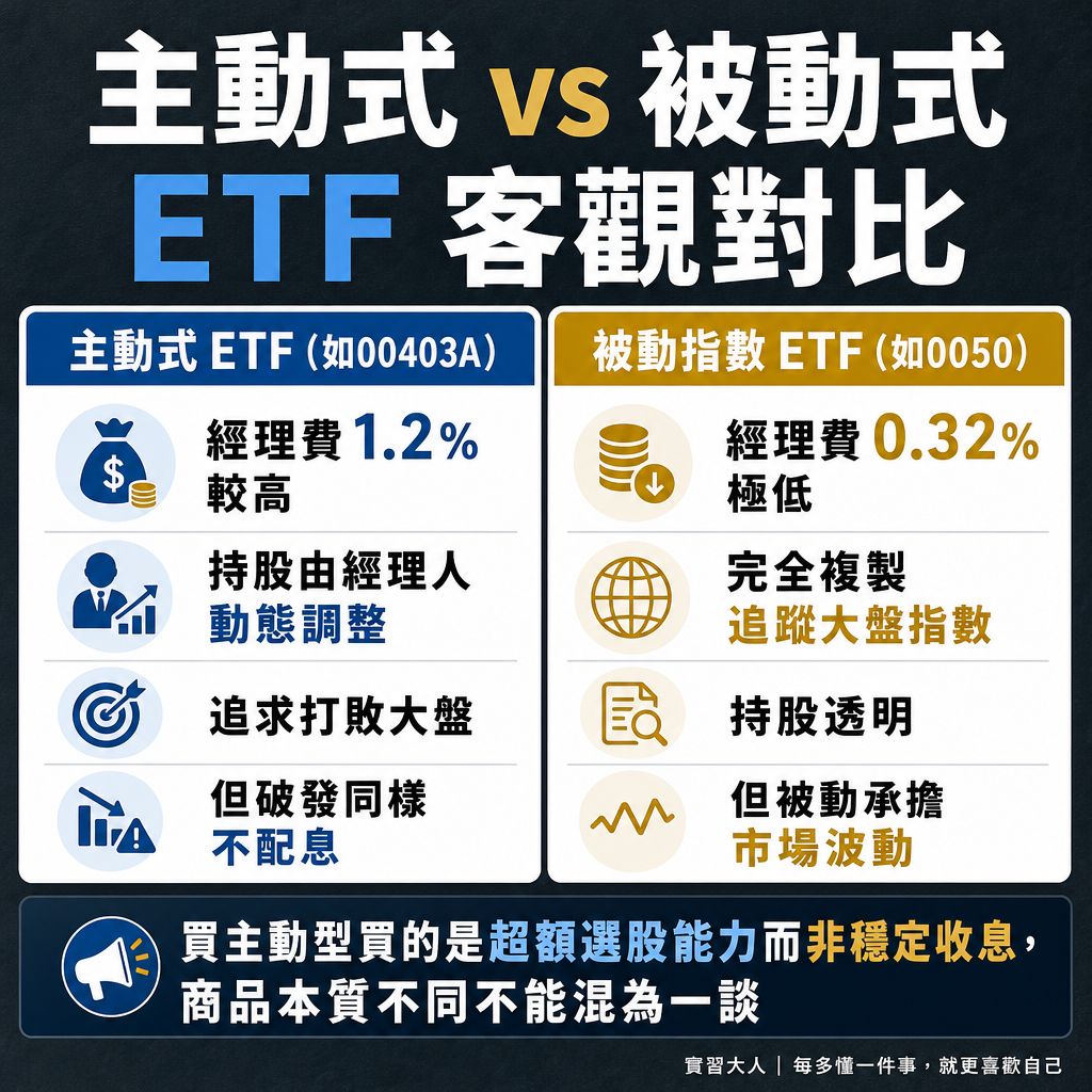 主動式ETF與被動式ETF費用率換手彈性與配息機制客觀對比表