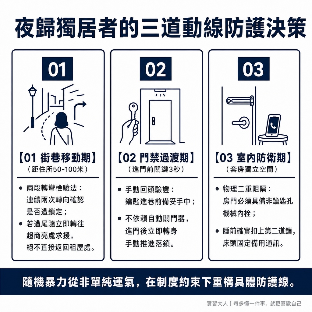 夜歸獨居者三道動線防護與風險決策樹