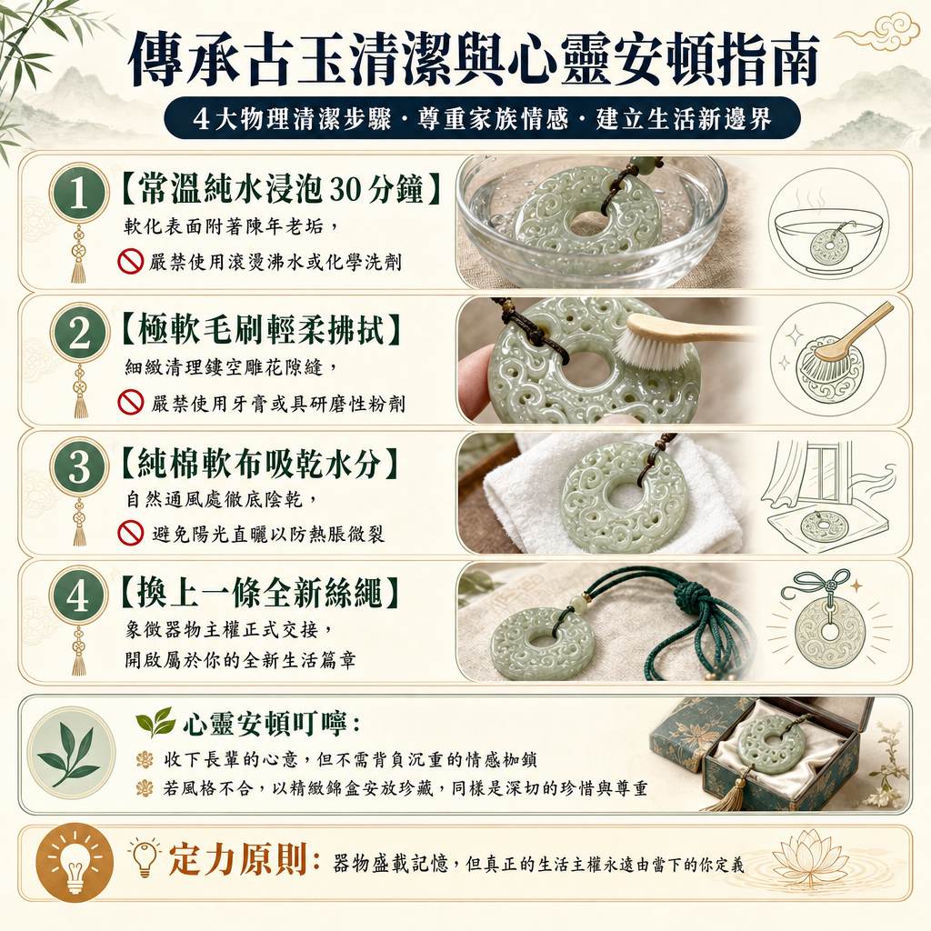 傳承古玉清潔與心靈安頓指南：4大物理清潔步驟資訊圖