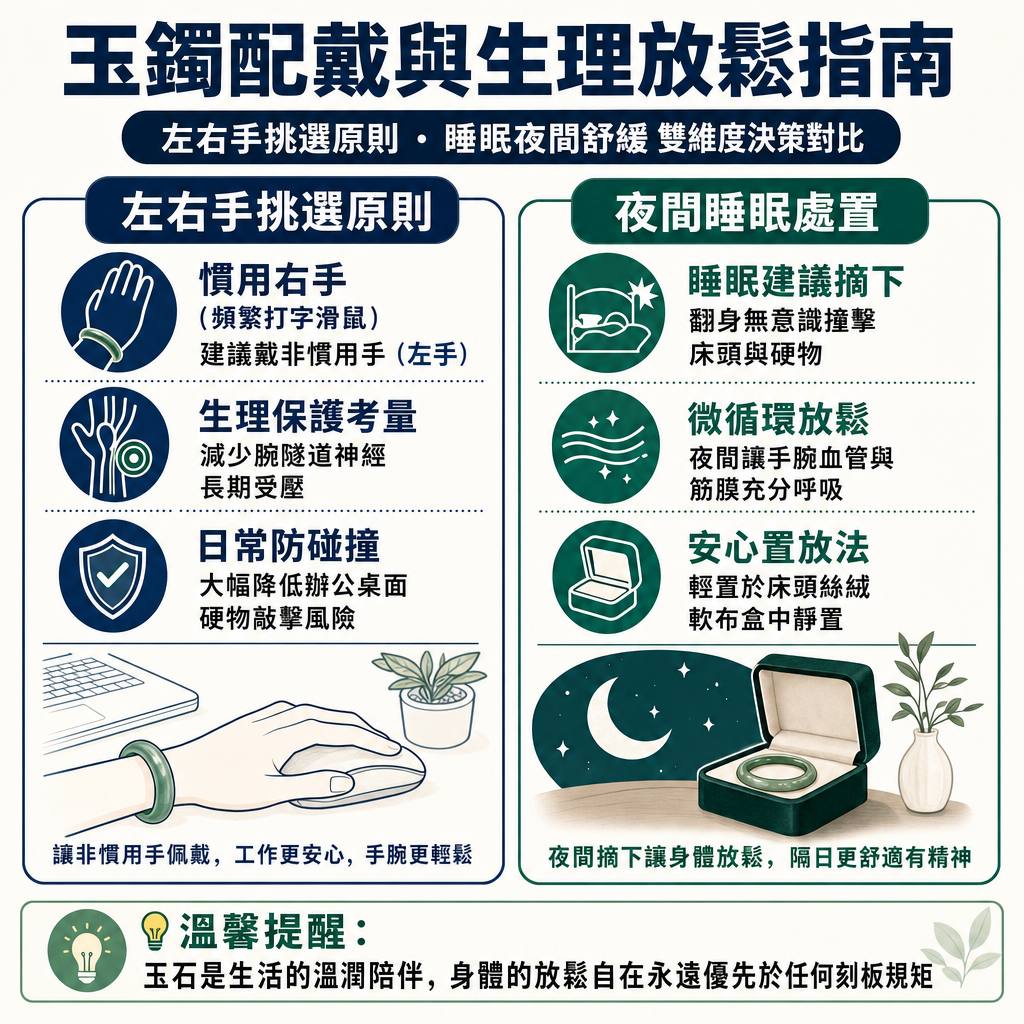 玉鐲配戴與生理放鬆指南：左右手選擇與睡眠決策雙欄對照圖