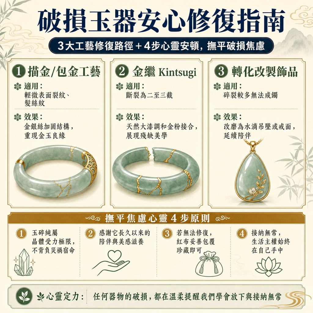破損玉器安心修復指南：3大工藝修復路徑與心靈安頓資訊圖